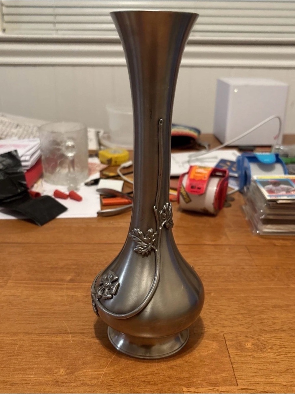 1971 King’s Pewter Thailand Floral Design Bud Vase 9.5” Tall